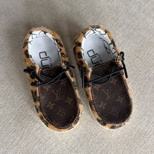 Custom Cheetah Print LV Brown Monogram Toddler Hey Dude Shoes